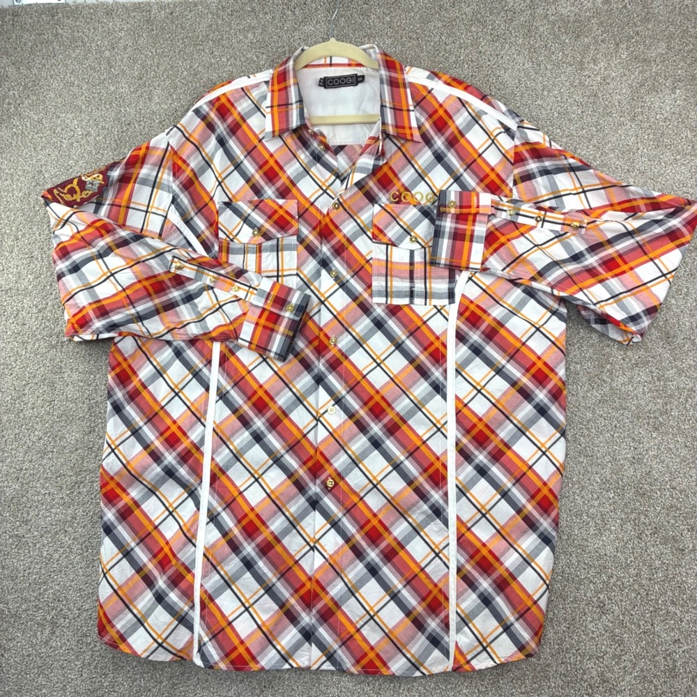 Coogi Plaid‎ Button Down Shirt Mens XXL Red Orange Streetwear Embroidered Crest